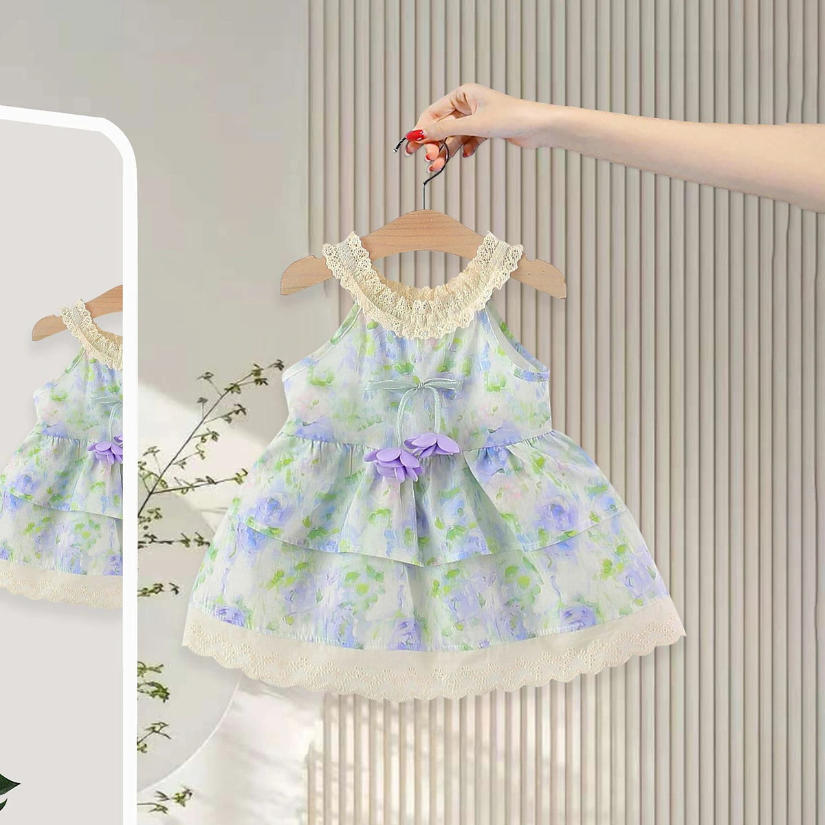 Girls Blue Floral Print Layered Fit & Flare Dress Casual Dresses Blue 1-2 Y