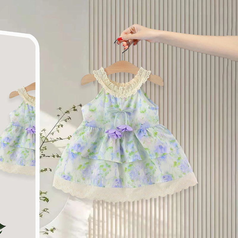Girls Blue Floral Print Layered Fit & Flare Dress Casual Dresses Blue 1-2 Y