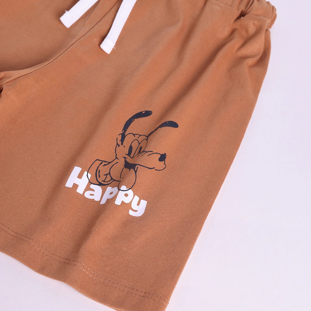 Boys Brown Cartoon Character Printed T-Shirt With Elasticated Shorts Sets Sets
