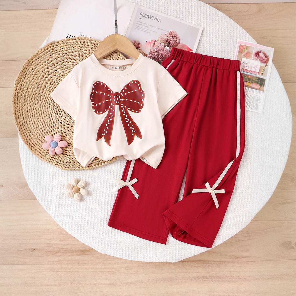 Girls Bow Printed Short Sleeve T-shirt With Red Wide Leg Pants Sets 2 pc. Sets Red 2-3 Y