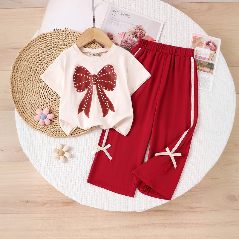 Girls Bow Printed Short Sleeve T-shirt With Red Wide Leg Pants Sets 2 pc. Sets Red 2-3 Y