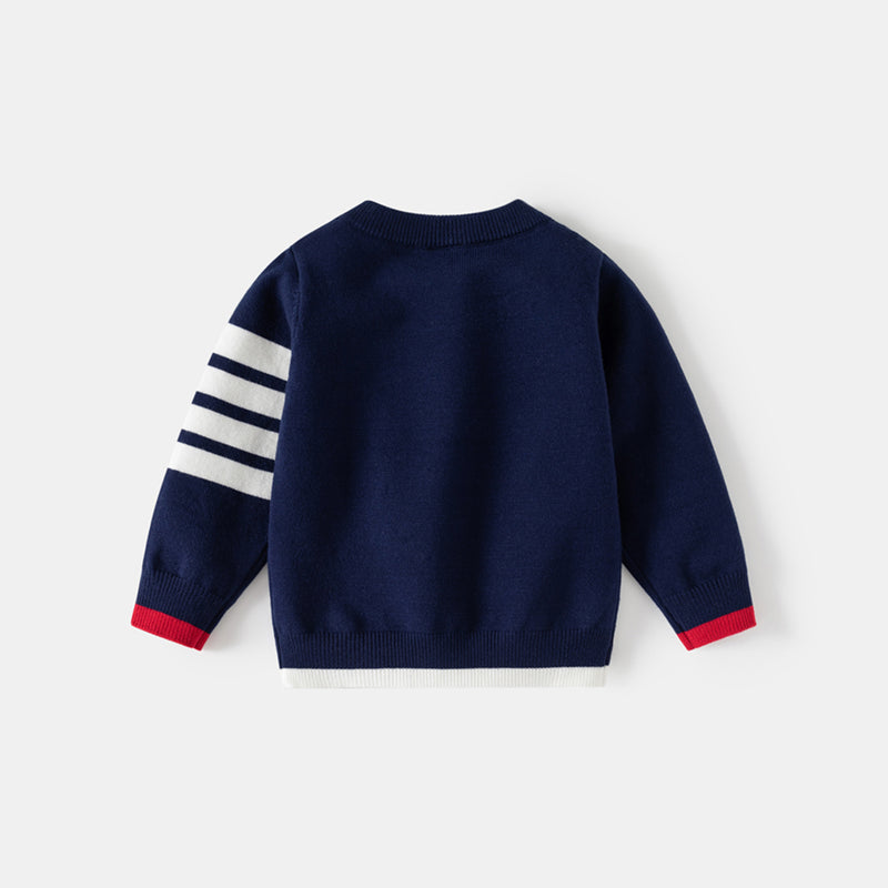 Boys Navy Blue Regular Sweater With Self-Design Puppy Patterns Sweaters & Cardigans