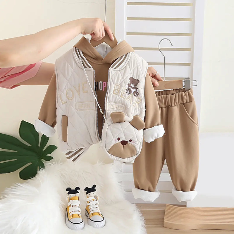 Girls Khaki Embroidered Regular Sweatshirt With Sleeveless Jackets, Pants & Bag Sets 4 pc. Sets Khaki 1-2 Y