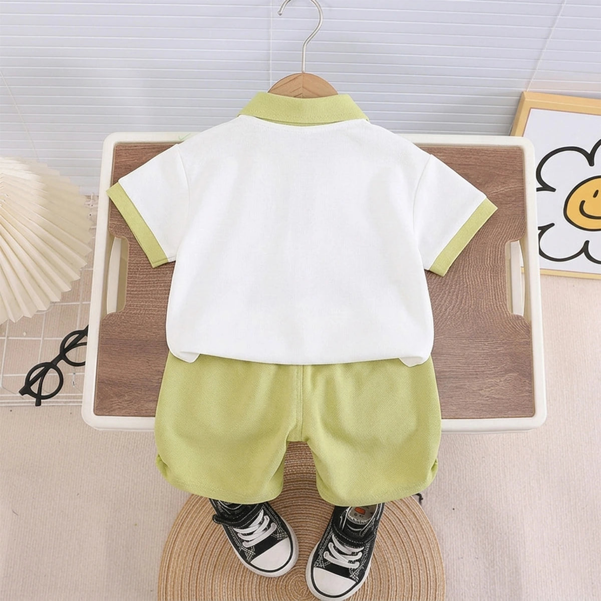 Boys Lime Green Puppy Graphic Printed Polo T-Shirt With Shorts Sets 2 pc. Sets