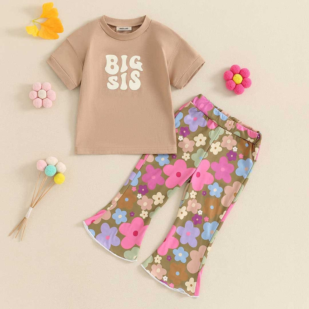 Girls Alphabet Printed T-Shirt With Flower Printed Pants Set