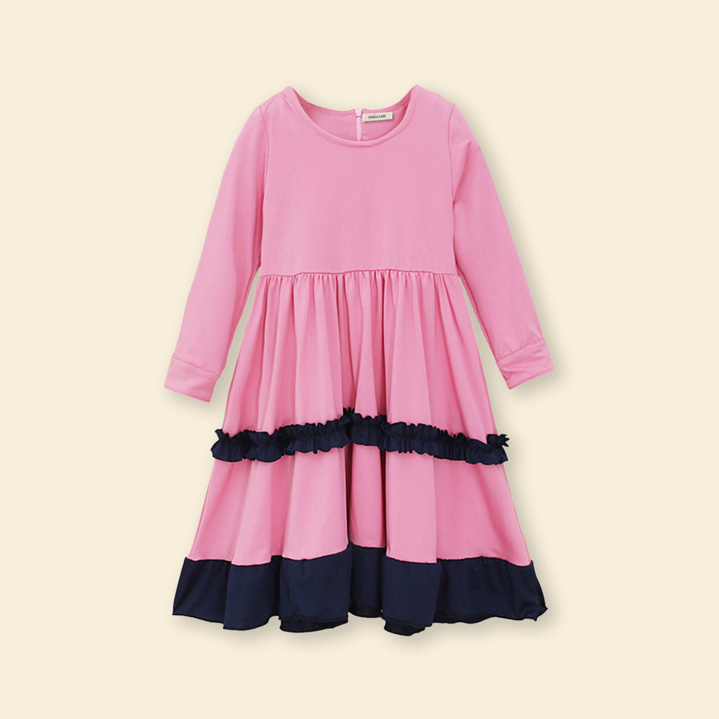 Girls Long Sleeve Contrast Bottom Dress With Head Scarf Casual Dresses   