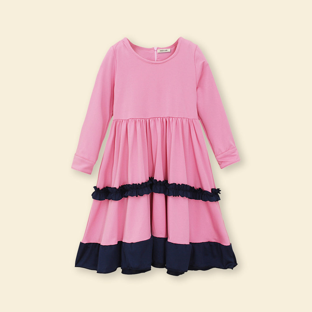 Girls Long Sleeve Contrast Bottom Dress With Head Scarf Casual Dresses   