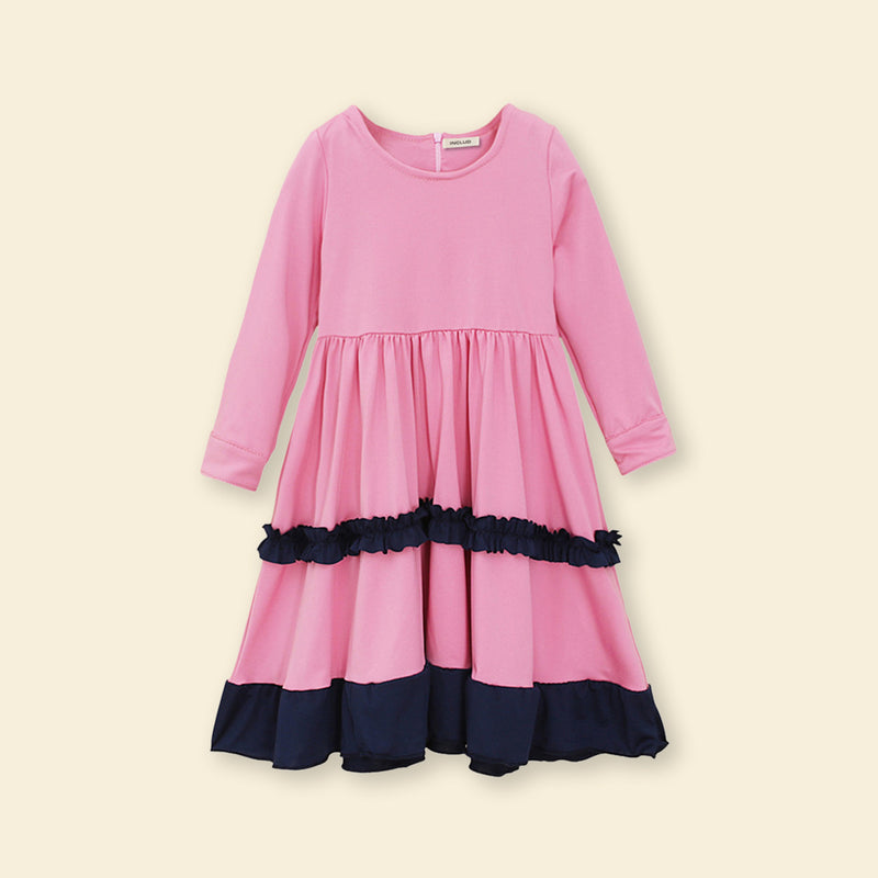 Girls Long Sleeve Contrast Bottom Dress With Head Scarf Casual Dresses   