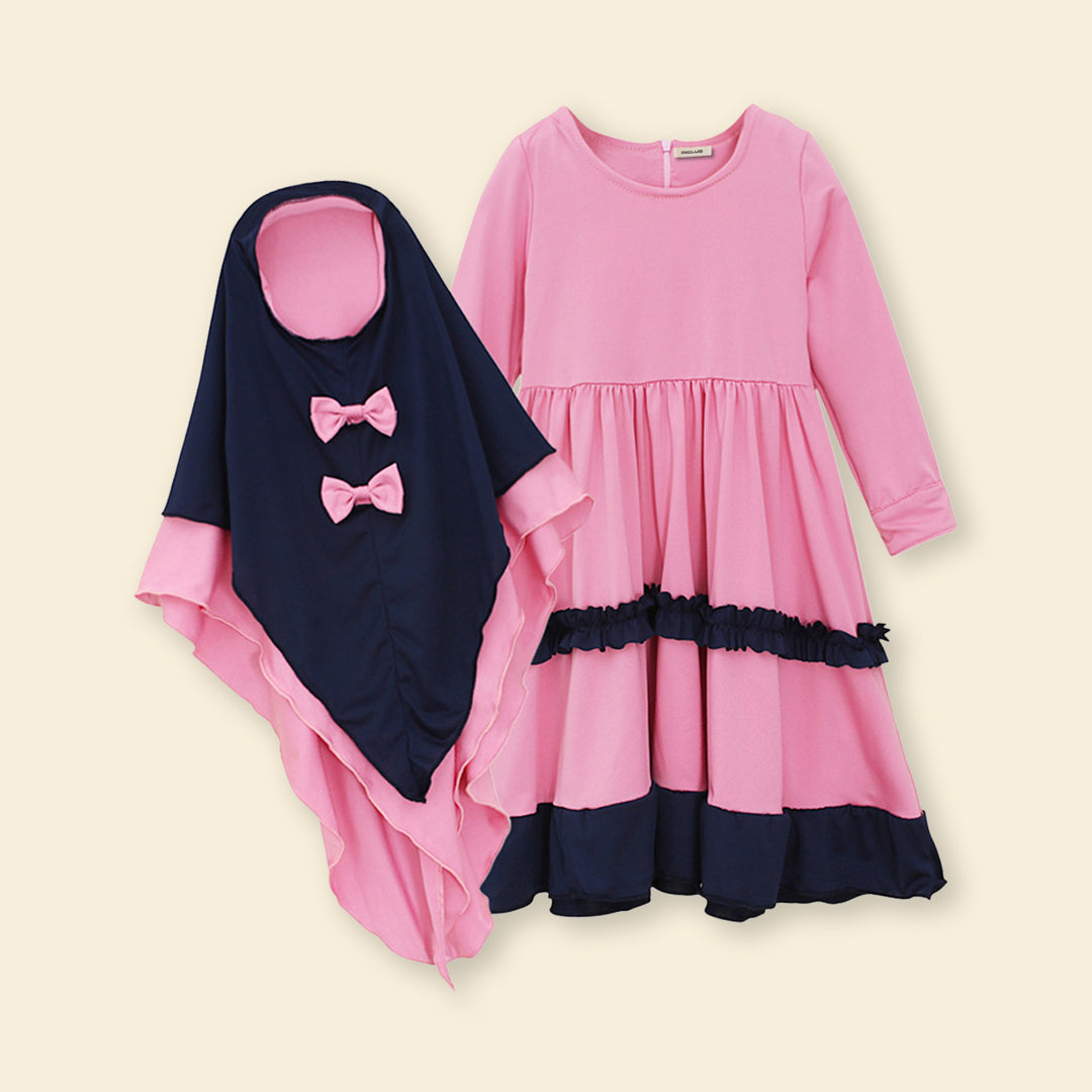 Girls Long Sleeve Contrast Bottom Dress With Head Scarf Casual Dresses   