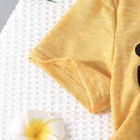 Girls Yellow Printed T-shirt with Embroidered Denim Shorts Set Sets