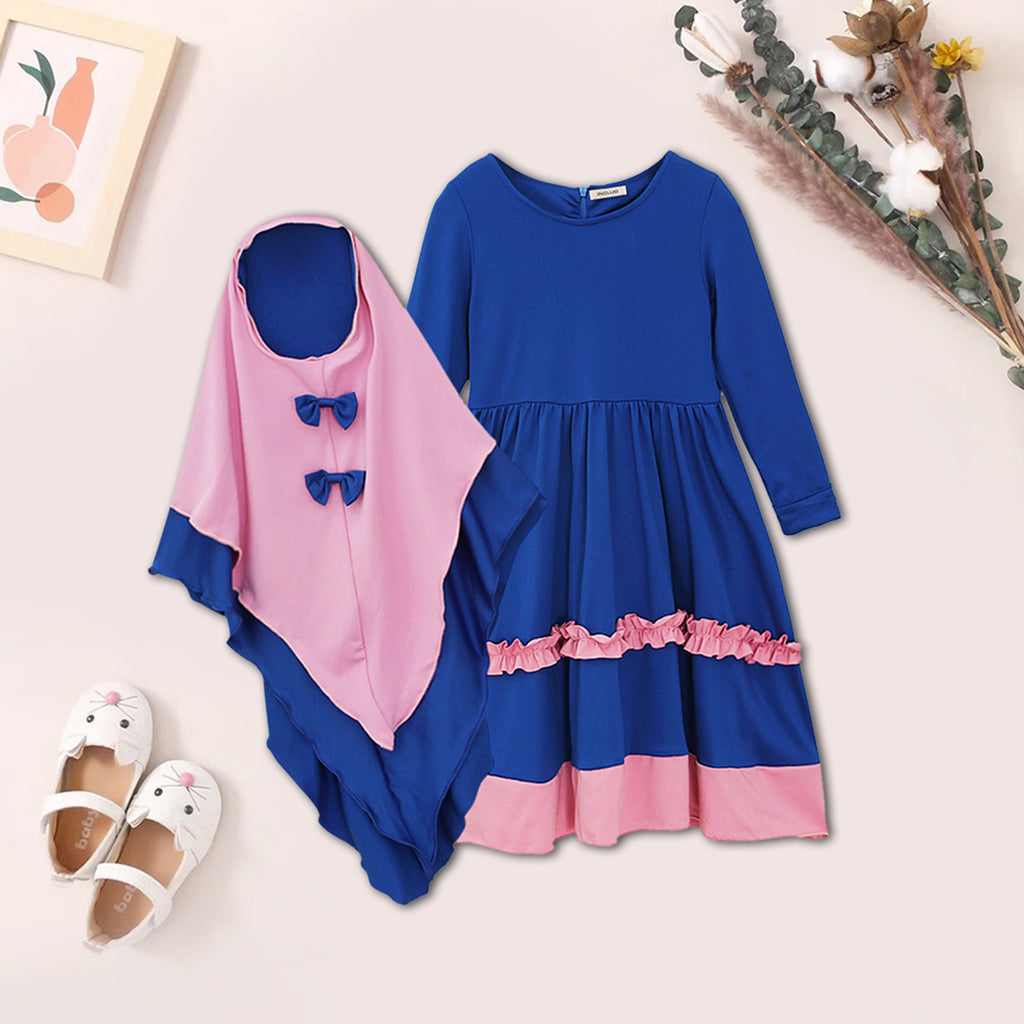 Girls Long Sleeve Contrast Bottom Dress With Head Scarf Casual Dresses   