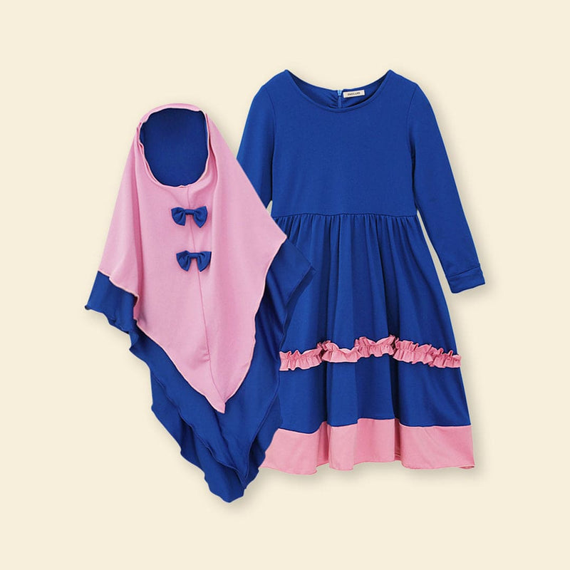 Girls Long Sleeve Contrast Bottom Dress With Head Scarf Casual Dresses   