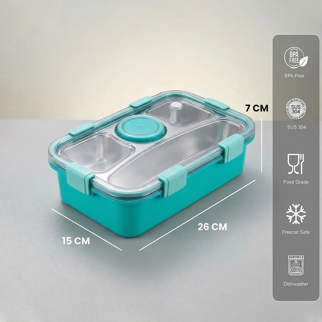 Kids Green 4-Compartment Airtight Stainless Steel Lunch Box Trending Accessories
