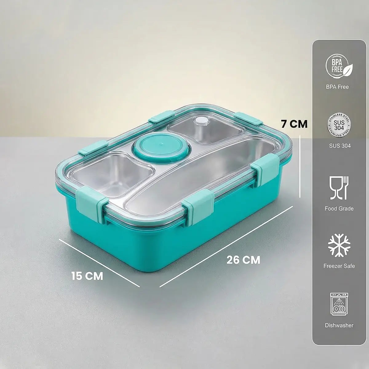 Kids Green 4-Compartment Airtight Stainless Steel Lunch Box Trending Accessories
