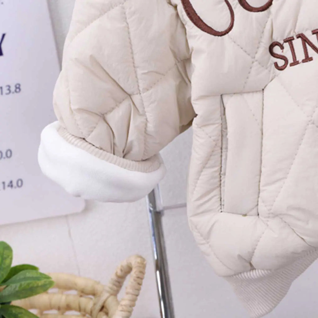 Boys Beige Embroidered Quilted Puffer Jacket With Jogger Sets Sets