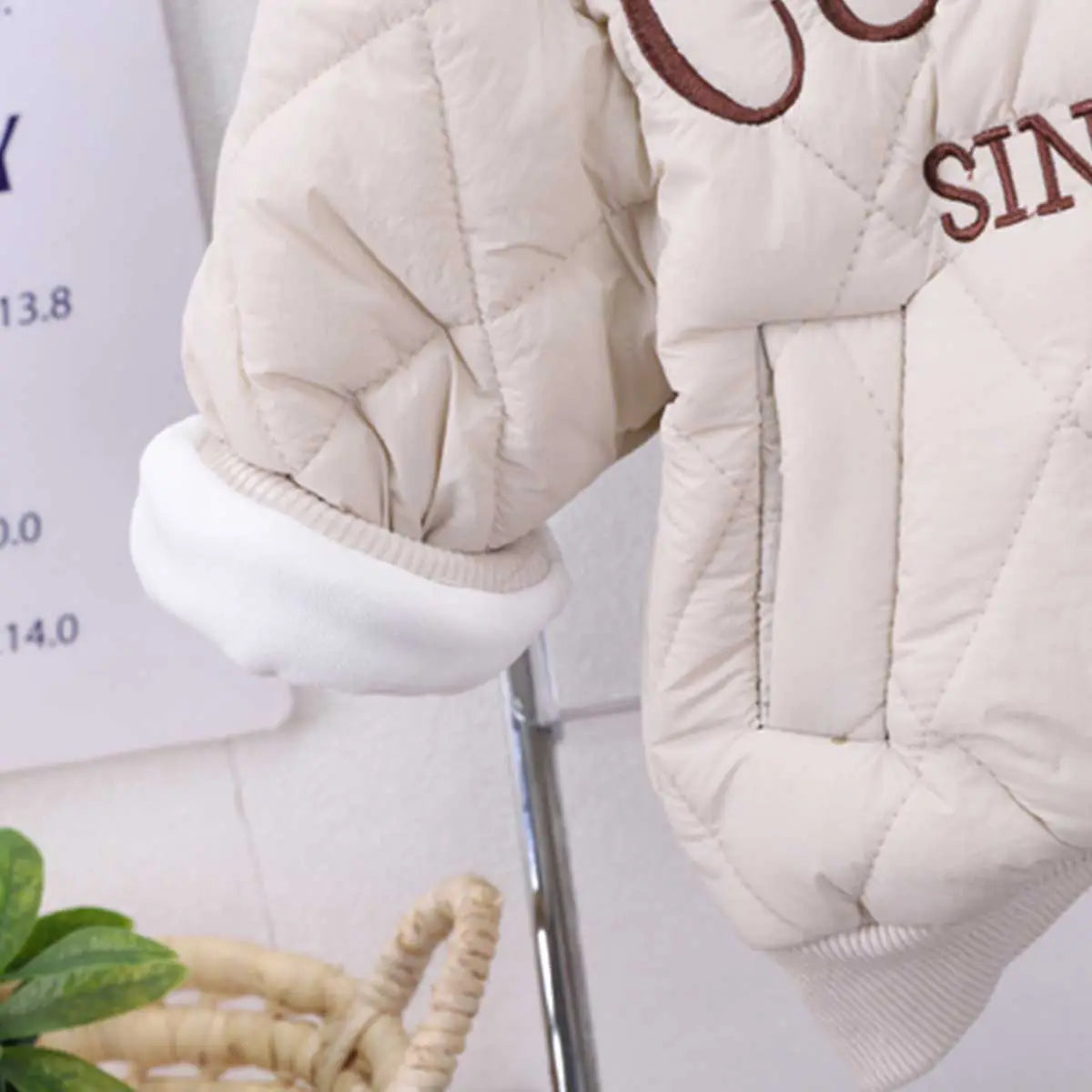 Boys Beige Embroidered Quilted Puffer Jacket With Jogger Sets Sets
