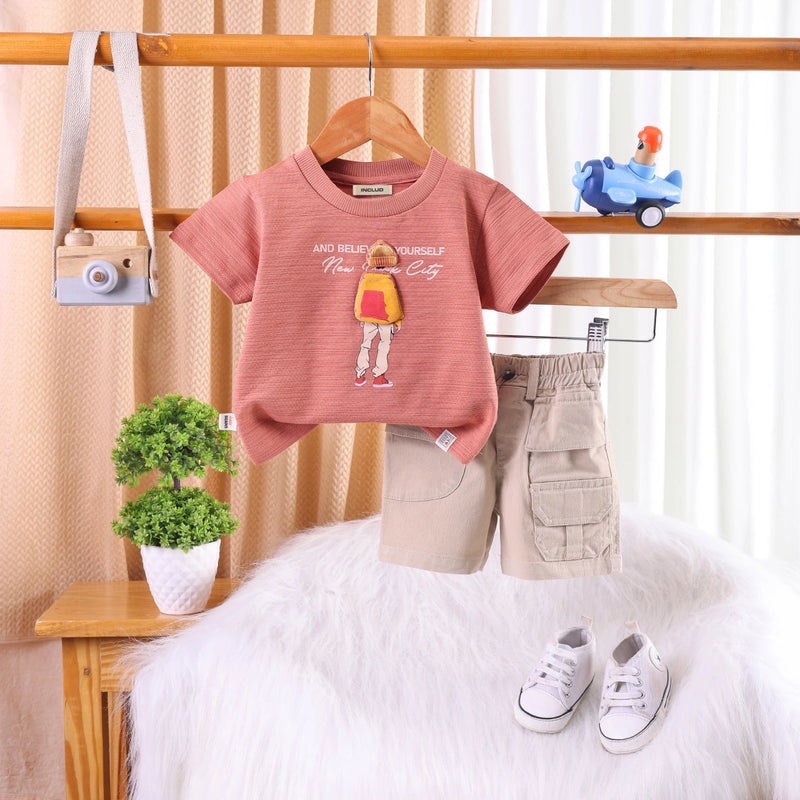 Boys Brown Applique Printed T-Shirt With Twill Shorts Sets 2 pc. Sets Brown 3-6 M