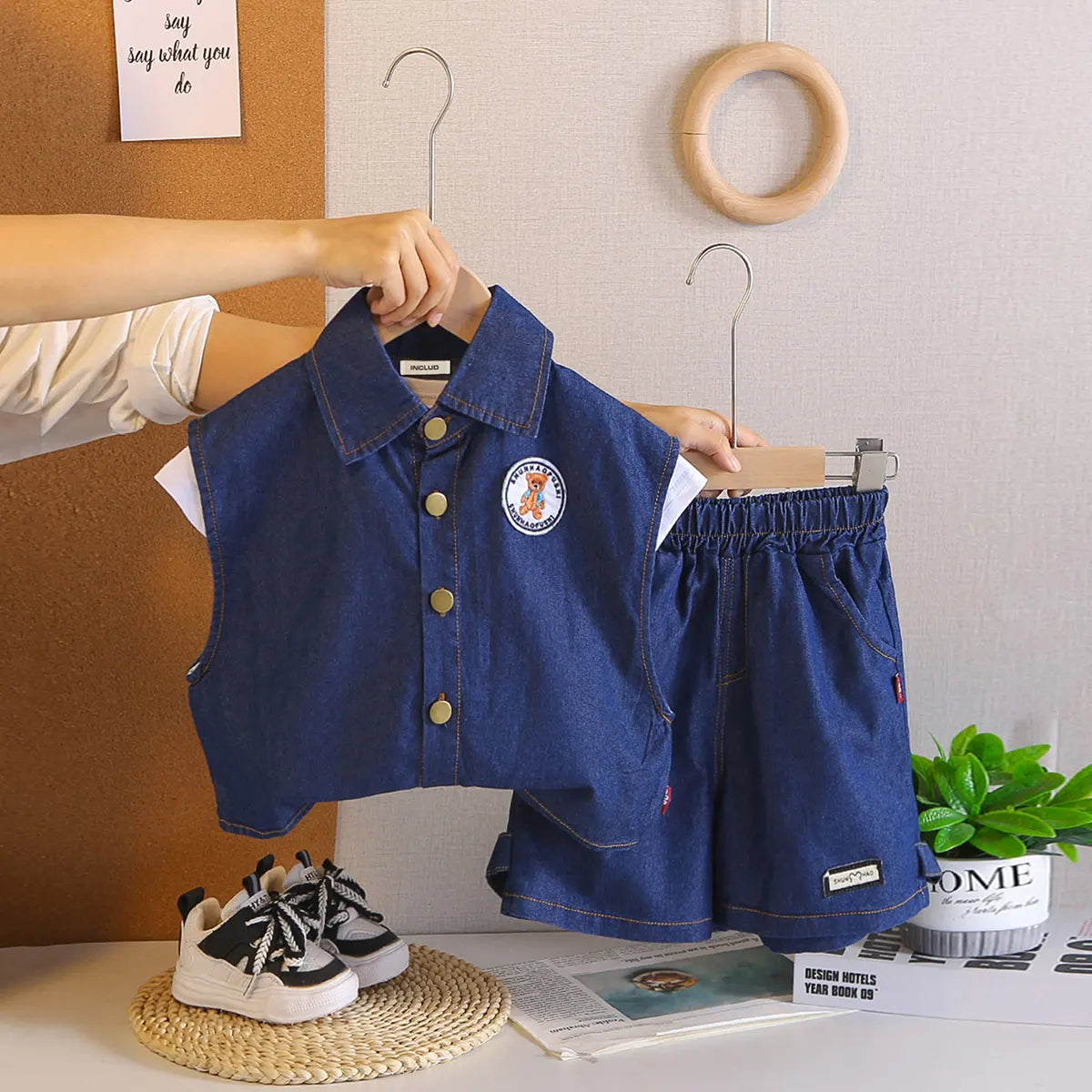 Boys Blue Denim Sleeveless Jacket With Printed T-Shirt & Shorts Sets Sets Blue 1-2 Y