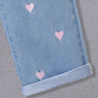 Girls Light Blue Heart Embroidered Denim Pants Jeans