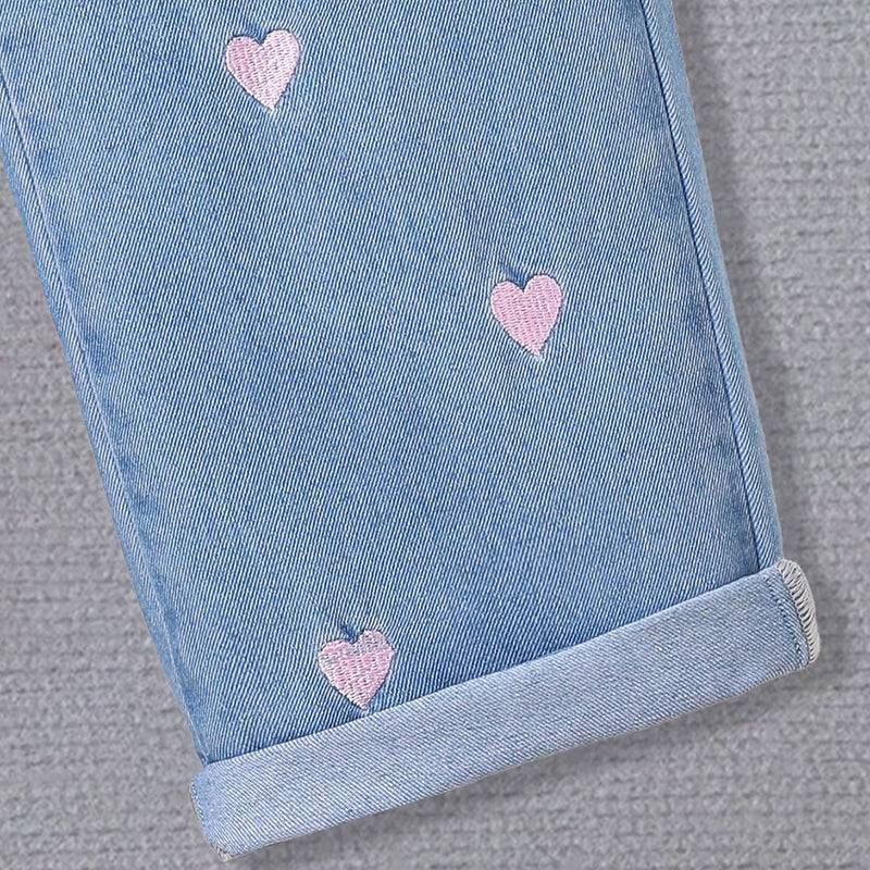 Girls Light Blue Heart Embroidered Denim Pants Jeans