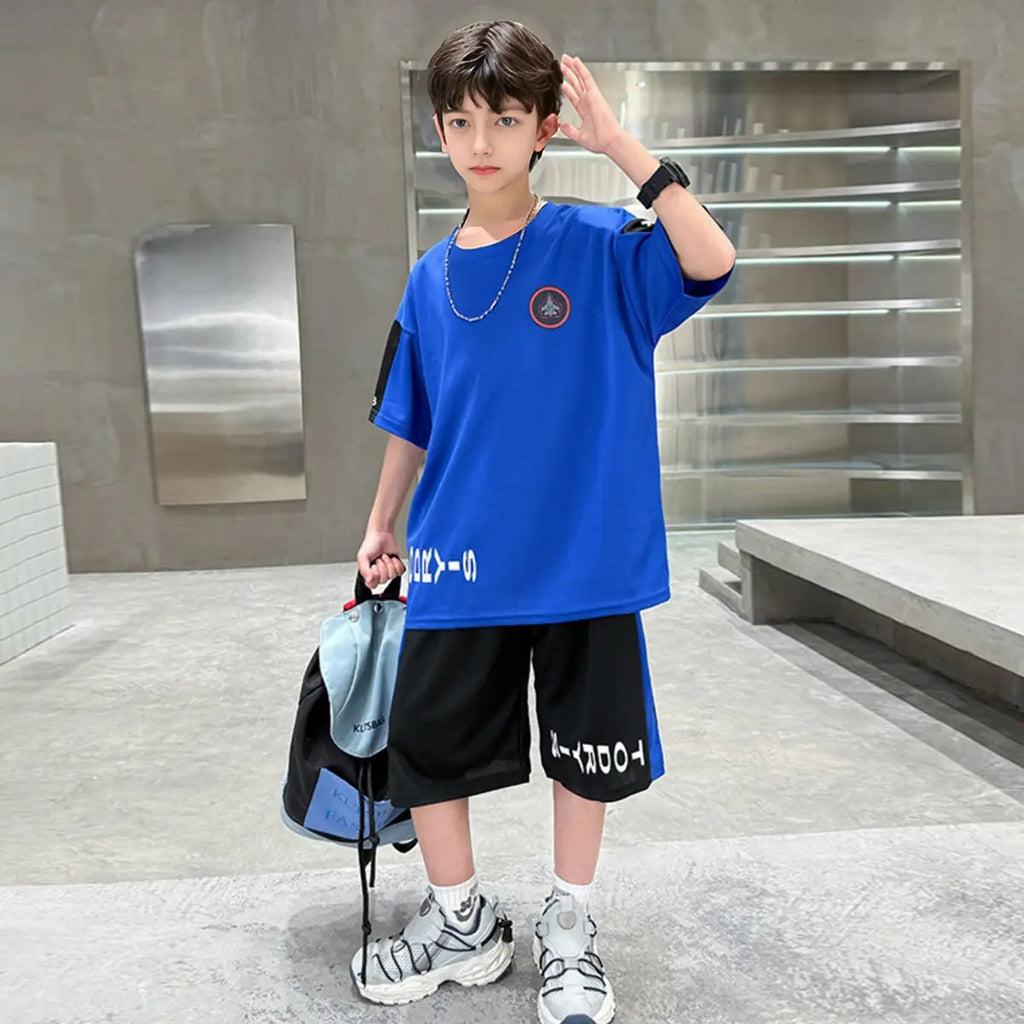 Boys Royal Blue Typographic Printed Oversized T-Shirt With Shorts Sets Sets Royal Blue 5-6 Y