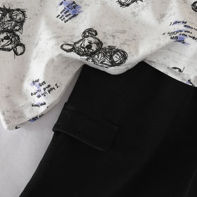 Boys White Bear Cartoon Print Short Sleeves T-Shirt With Shorts Set Sets