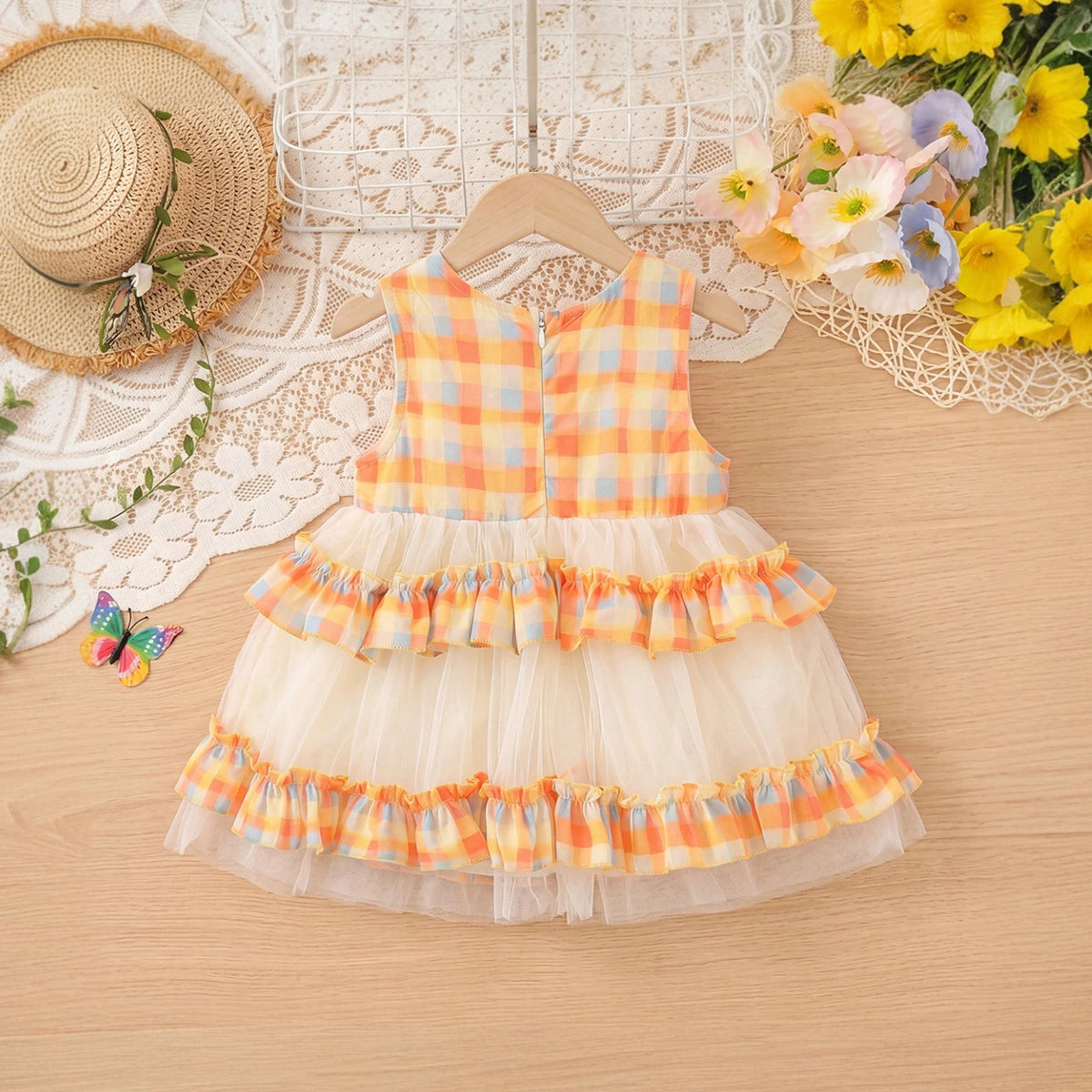 Girls Orange Checked Sleeveless Tiered Dress Casual Dresses