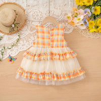 Girls Orange Checked Sleeveless Tiered Dress Casual Dresses