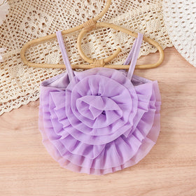 Girls Purple Big Flower Applique Crop Top With Star Printed Tiered Tulle Skirt Sets Sets