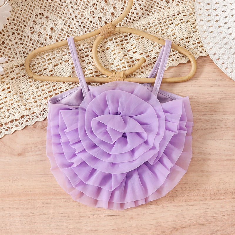 Girls Purple Big Flower Applique Crop Top With Star Printed Tiered Tulle Skirt Sets Sets