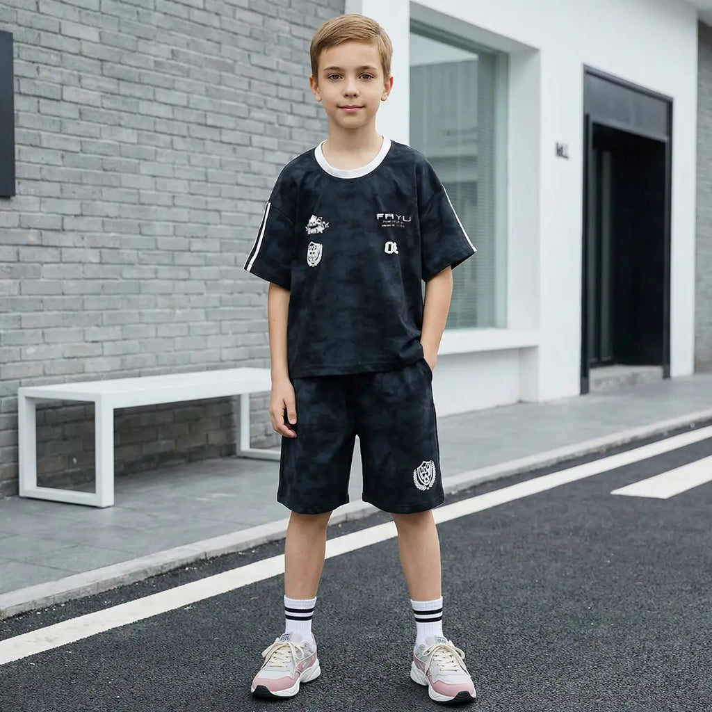 Boys Black Abstract Print T-Shirt With Shorts Co-ord Sets Sets Black 5-6 Y