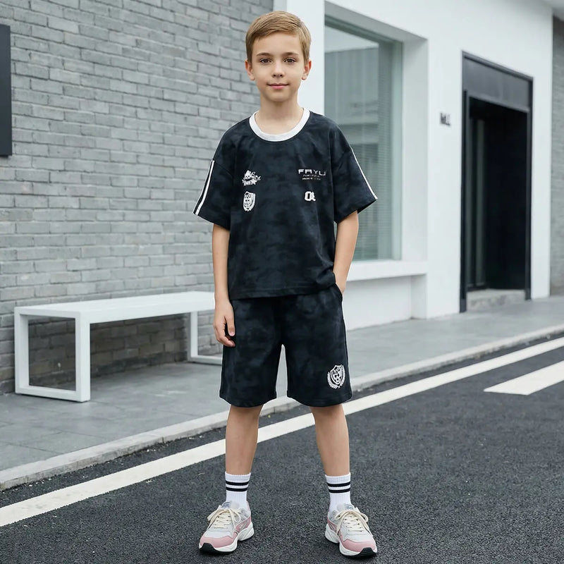 Boys Black Abstract Print T-Shirt With Shorts Co-ord Sets Sets Black 5-6 Y