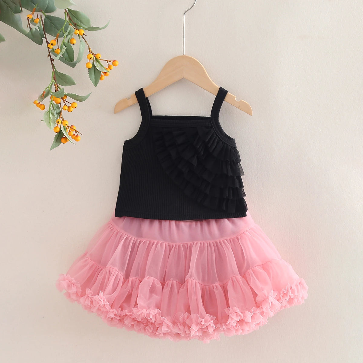 Girls Ruffle Sleeveless Top With Peach Tiered Tulle Skirts Set Sets Peach 3-4 Y