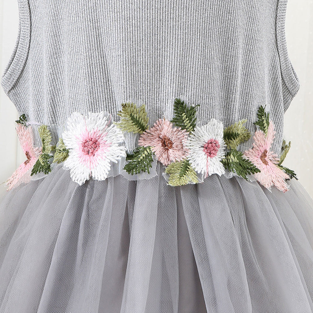 Girls Melange Grey Sleeveless Flower Belt Fit And Flared Dress Casual Dresses