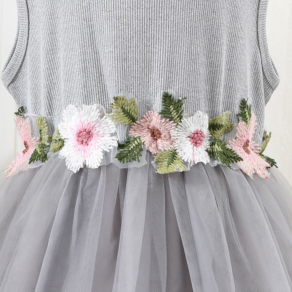 Girls Melange Grey Sleeveless Flower Belt Fit And Flared Dress Casual Dresses
