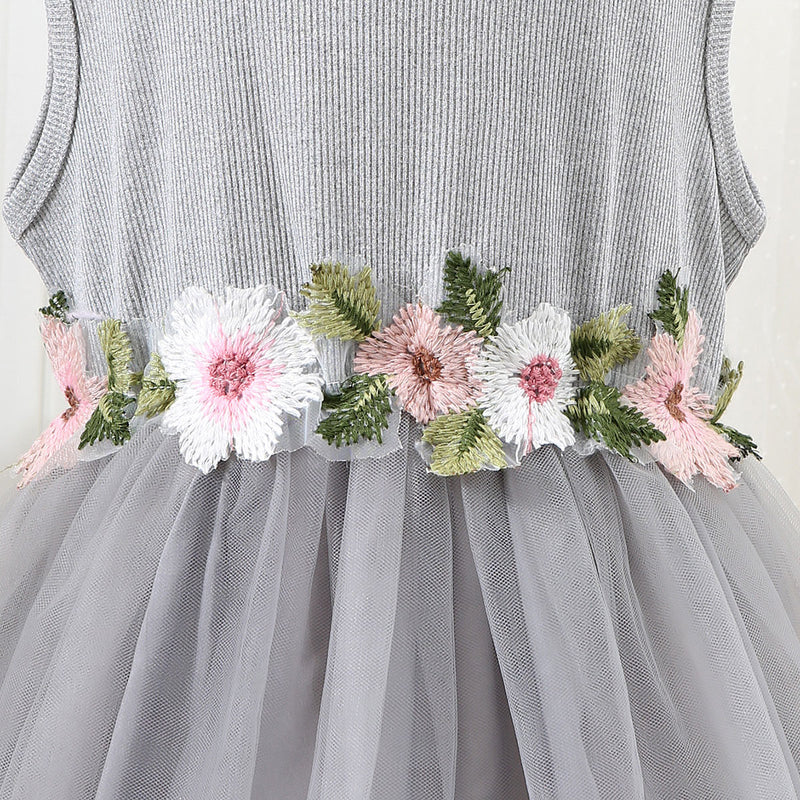 Girls Melange Grey Sleeveless Flower Belt Fit And Flared Dress Casual Dresses