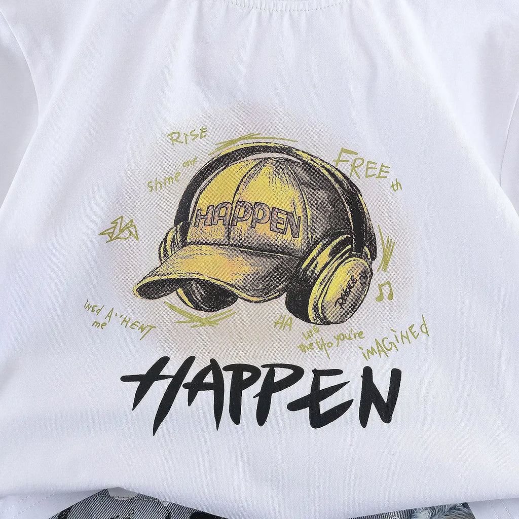 Boys White Cap Graphic Short Sleeve T-Shirt With Distressed Denim Shorts Sets 2 pc. Sets