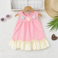 Girls Pink Floral Applique Ruffle Hem A-Line Dress Casual Dresses Pink 1-2 Y