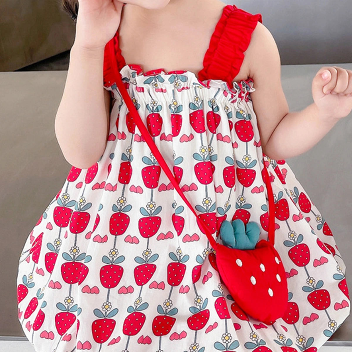 Girls Red Strawberry Printed Sleeveless Jumper Dress with Frill Straps Casual Dresses