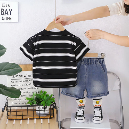 Boys Black Stripes Short Sleeves T-Shirt With Denim Shorts Set Sets