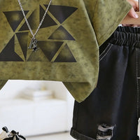 Boys Olive Green Geometric Print Round Neck T-Shirt With Shorts Sets Sets