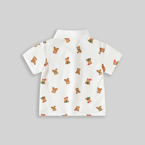 Boys White Teddy Bear Printed Short Sleeve Polo T-Shirt Tshirts