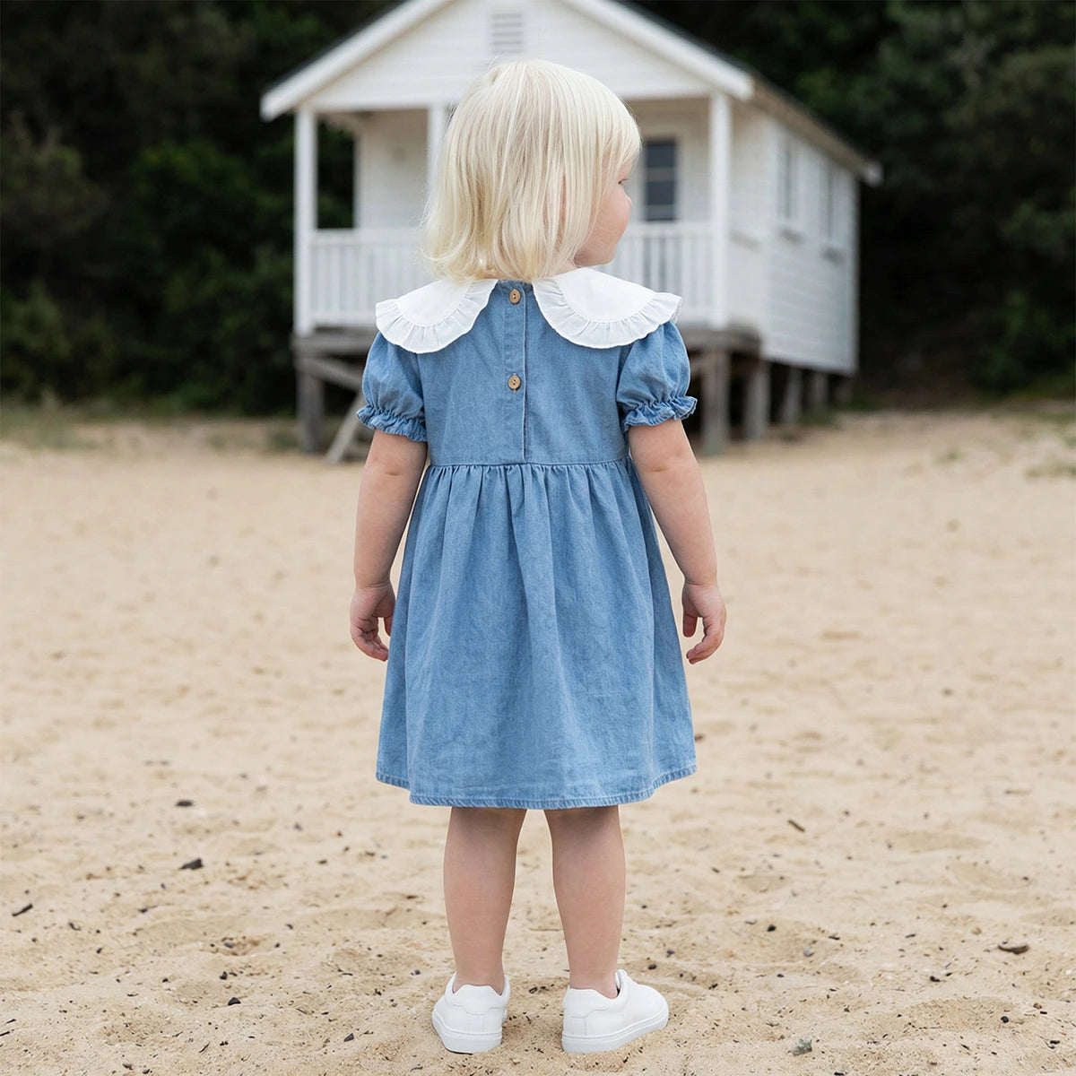Girls Blue Puff Sleeves Fit & Flare Dress With Embroidered Oversized Collar Casual Dresses