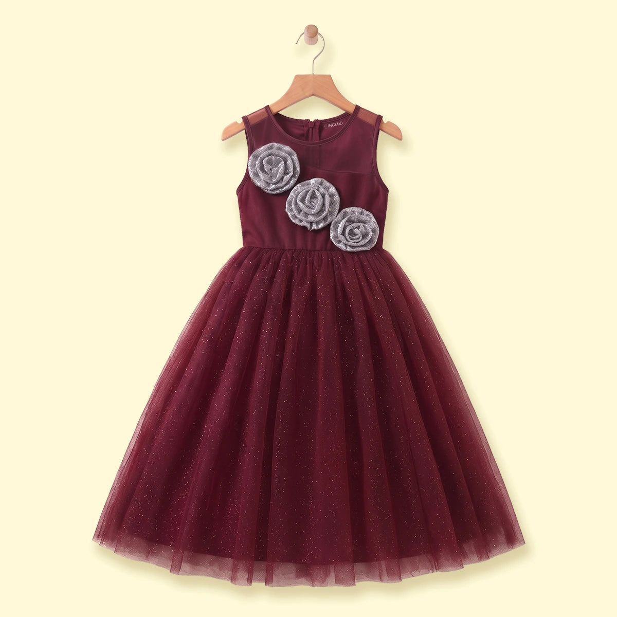 Girls Maroon Glitter Print Sleeveless Party Gown Party Dresses Maroon 2-3 Y