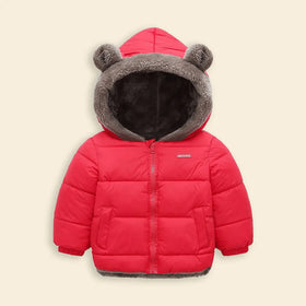 Boys Red Zip-up Puffer Jacket With Bear Ear On Hood Coats & Jackets