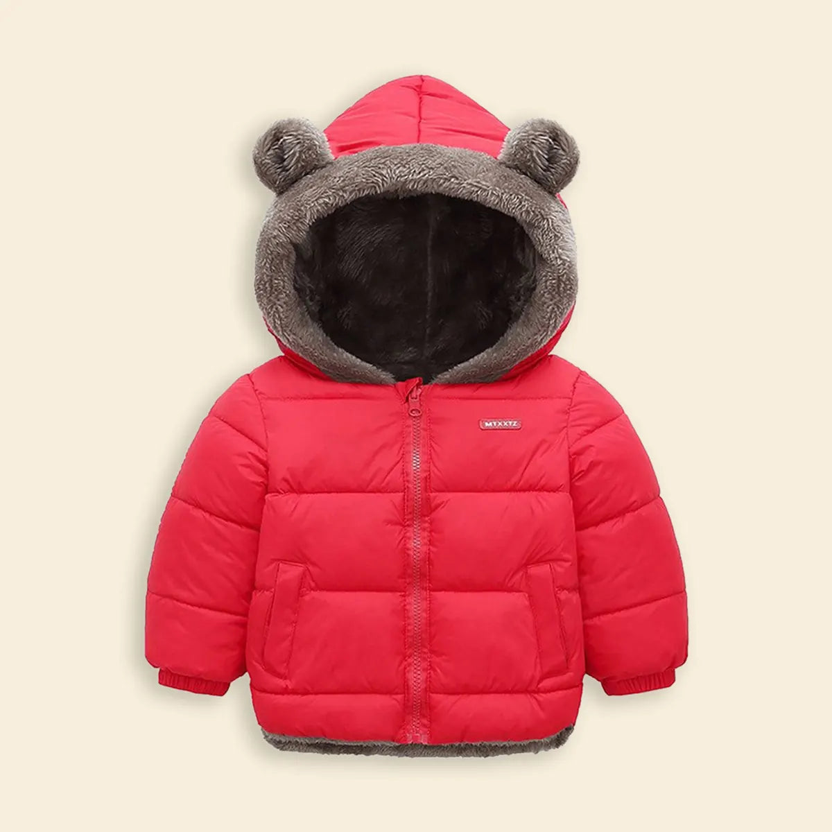 Boys Red Zip-up Puffer Jacket With Bear Ear On Hood Coats & Jackets