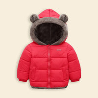 Boys Red Zip-up Puffer Jacket With Bear Ear On Hood Coats & Jackets