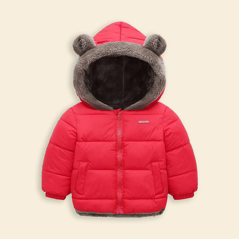 Boys Red Zip-up Puffer Jacket With Bear Ear On Hood Coats & Jackets