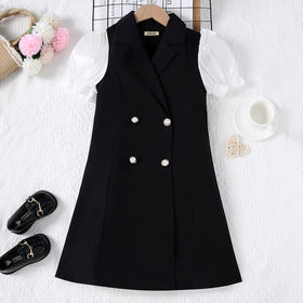 Girls Black and White Puff Sleeves Formal Blazer Dress Casual Dresses Black 7-8 Y
