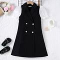 Girls Black and White Puff Sleeves Formal Blazer Dress Casual Dresses Black 7-8 Y